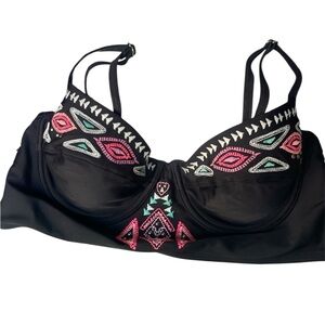 Bustier swim top embroidered studs padded cups removable double back straps EUC